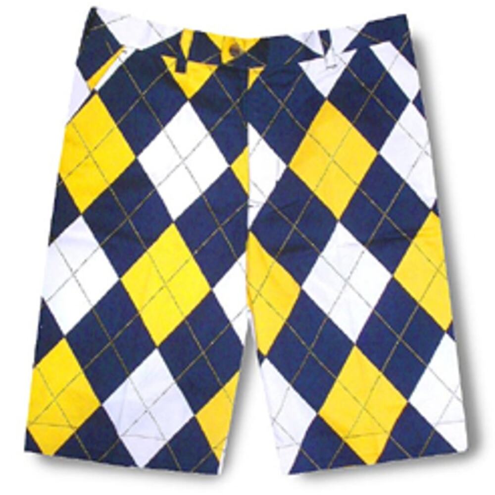 LOUDMOUTH Heritage Golf Shorts Argyle Navy Blue Yellow Sz 32 {3B11} - Picture 2 of 5